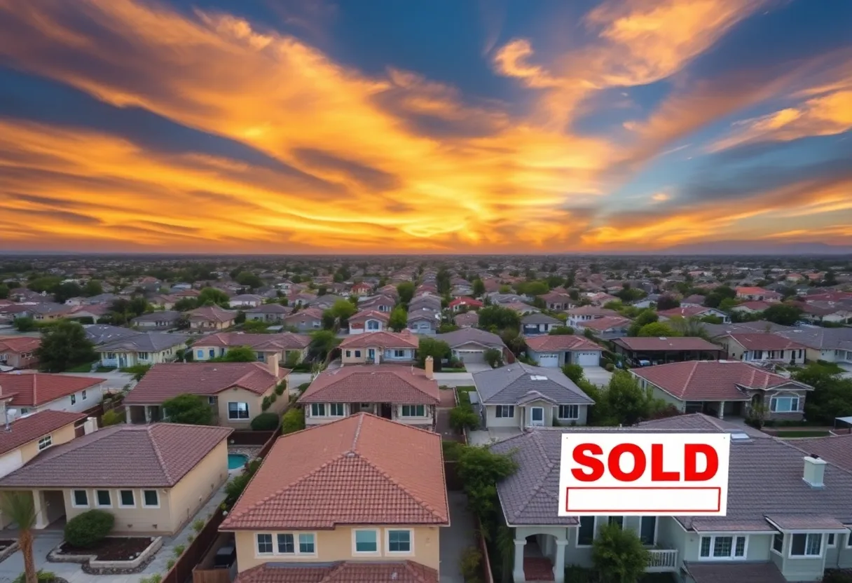 Aerial view of California neighborhoods with 'For Sale' signs