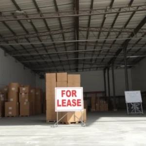 Empty industrial warehouse in Southern California with leasing sign.