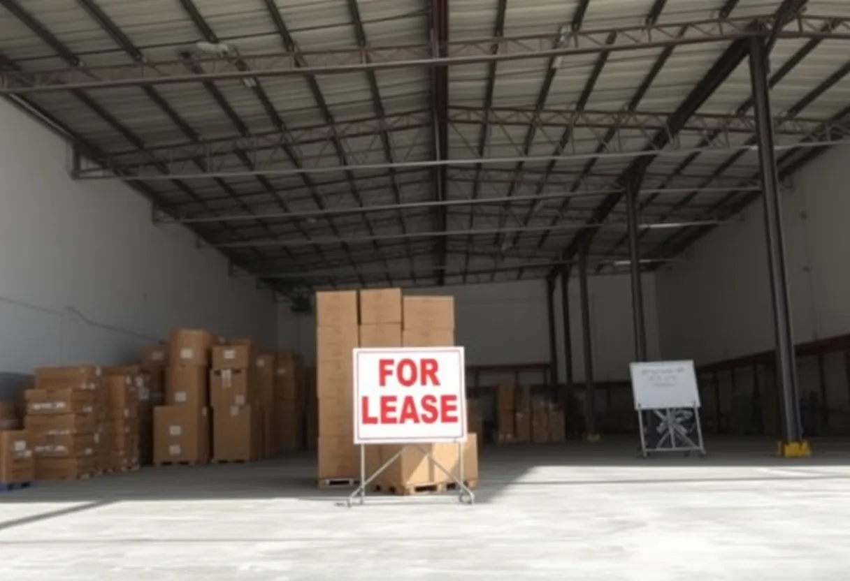 Empty industrial warehouse in Southern California with leasing sign.