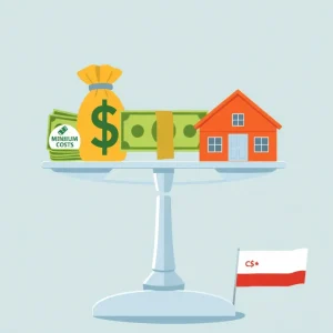 Scale depicting minimum wage and cost of living items in California