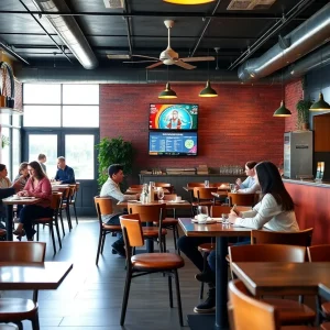 Restaurant owners discussing payroll compliance in a busy restaurant setting.