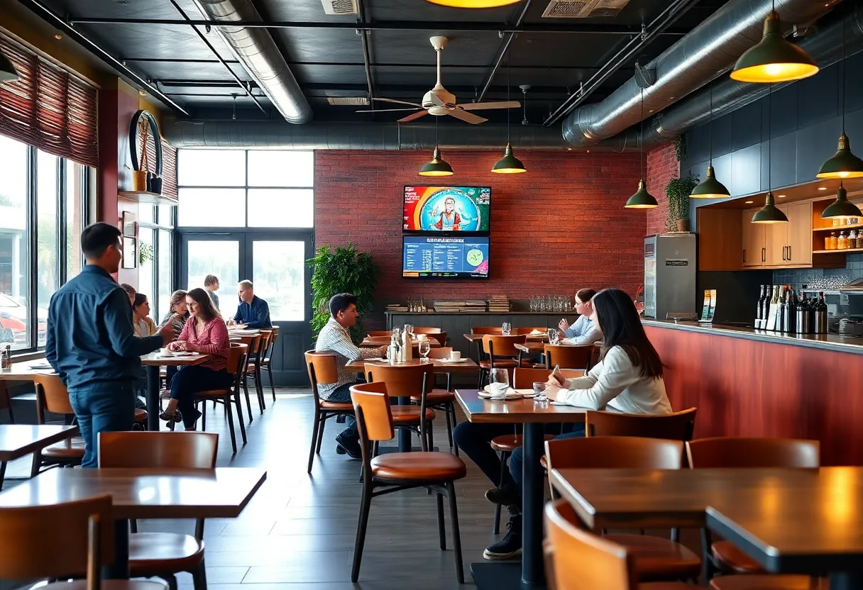 Restaurant owners discussing payroll compliance in a busy restaurant setting.