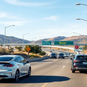 California roads with electric vehicles and road maintenance signs