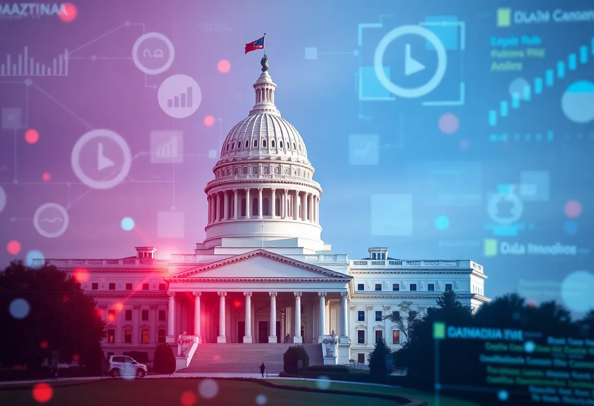 California State Capitol with digital tracking symbols