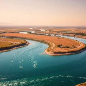 A landscape in California highlighting water resources and agriculture.