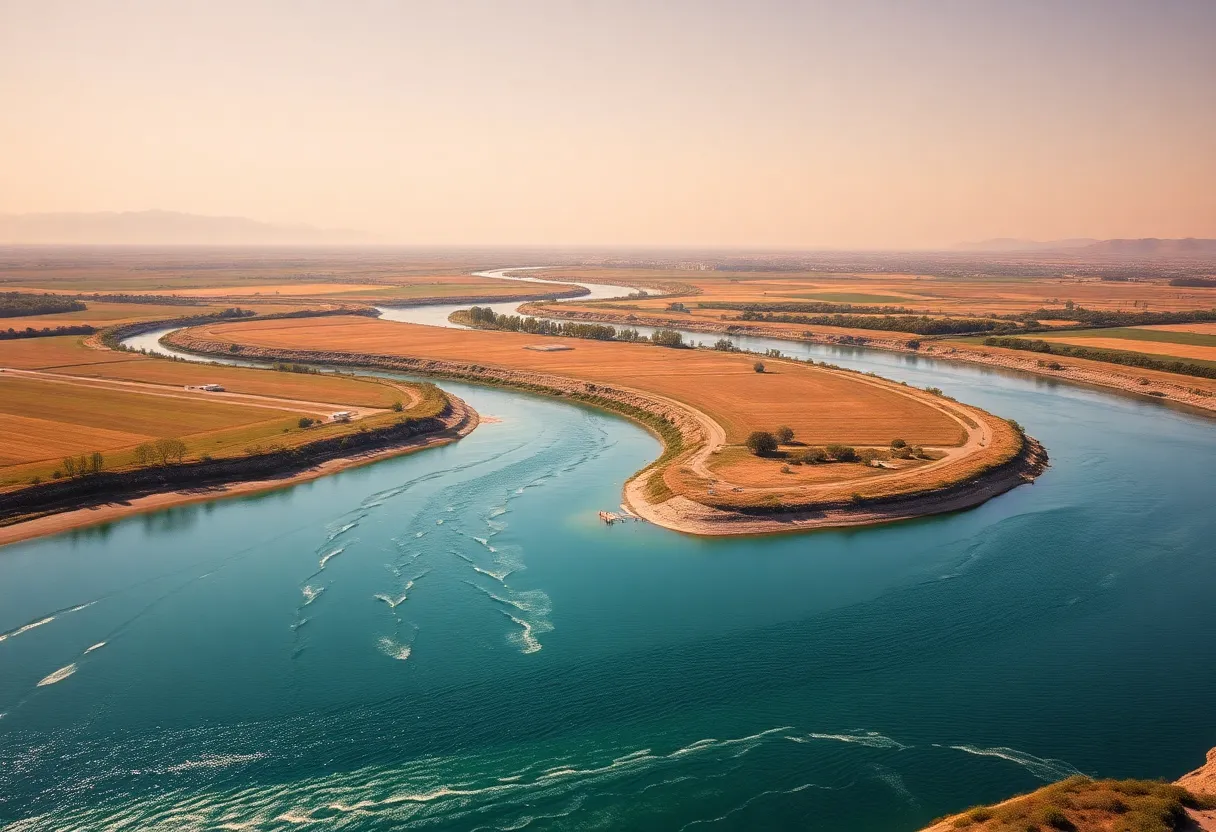 A landscape in California highlighting water resources and agriculture.