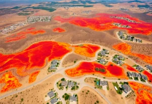 Aerial view of wildfire risk areas in California with homes