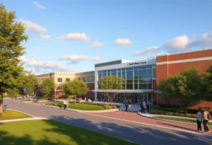 Illustration of the Cape Coral Medical Center in a suburban landscape.