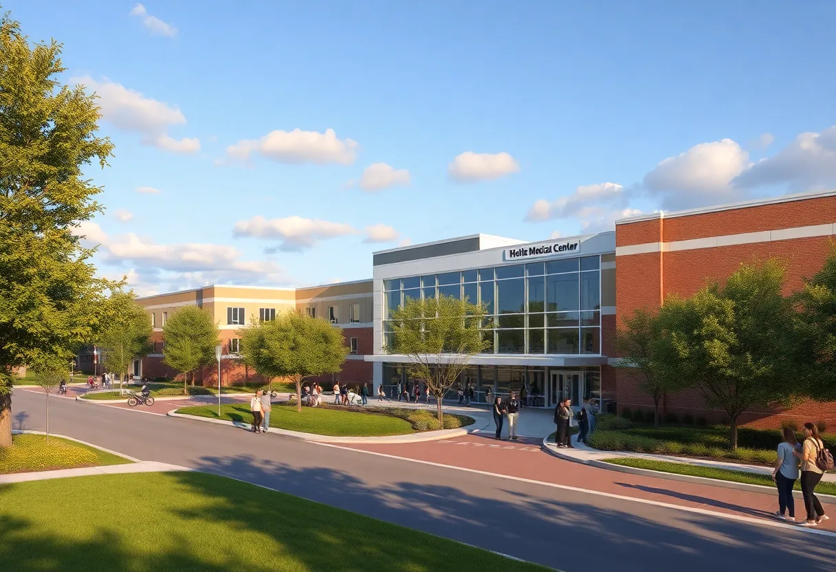Illustration of the Cape Coral Medical Center in a suburban landscape.