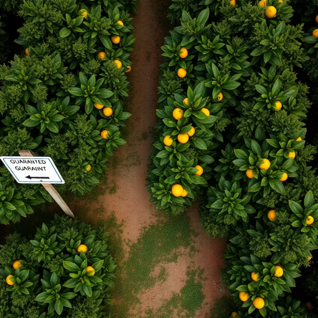 Aerial view of a citrus orchard with quarantine signage