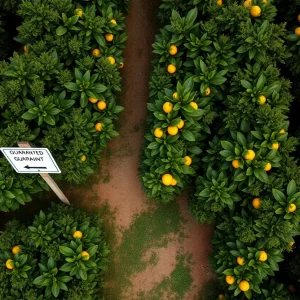 Aerial view of a citrus orchard with quarantine signage