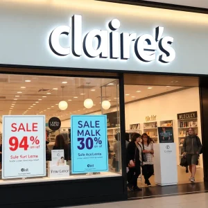 Exterior of a Claire's store displaying sale signs