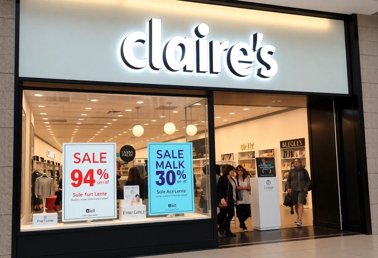 Exterior of a Claire's store displaying sale signs
