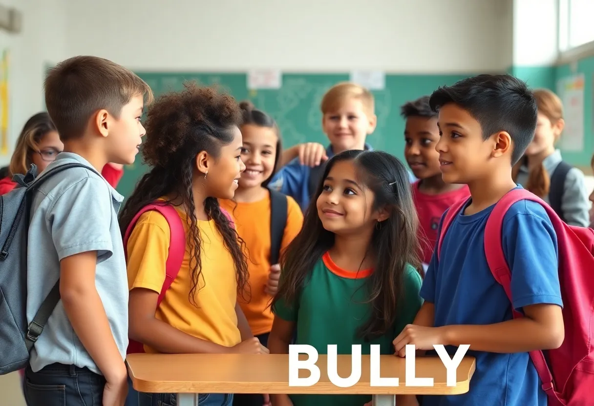 A diverse group of students in a school setting emphasizing community support against bullying.