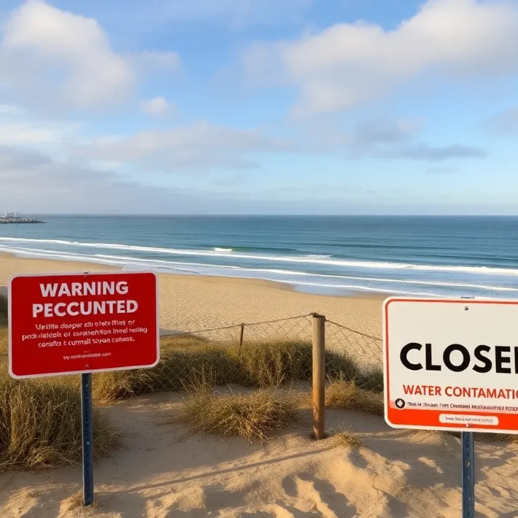 Warning sign at closed Coronado beach due to sewage contamination