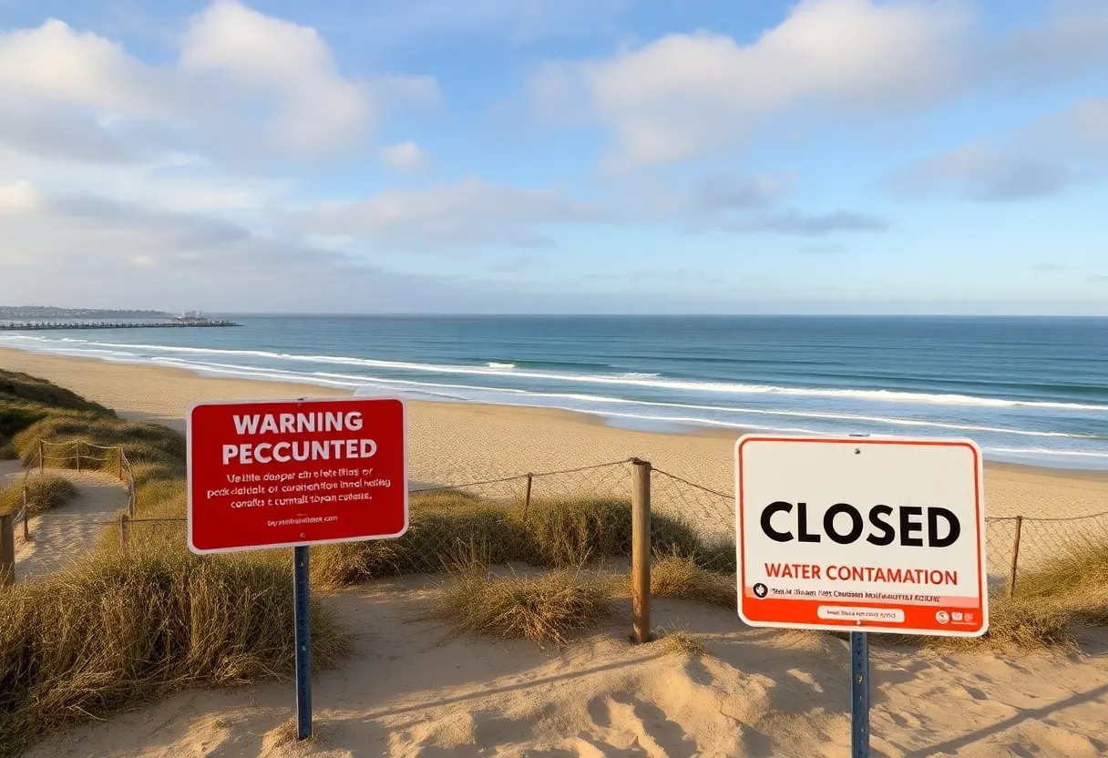 Warning sign at closed Coronado beach due to sewage contamination
