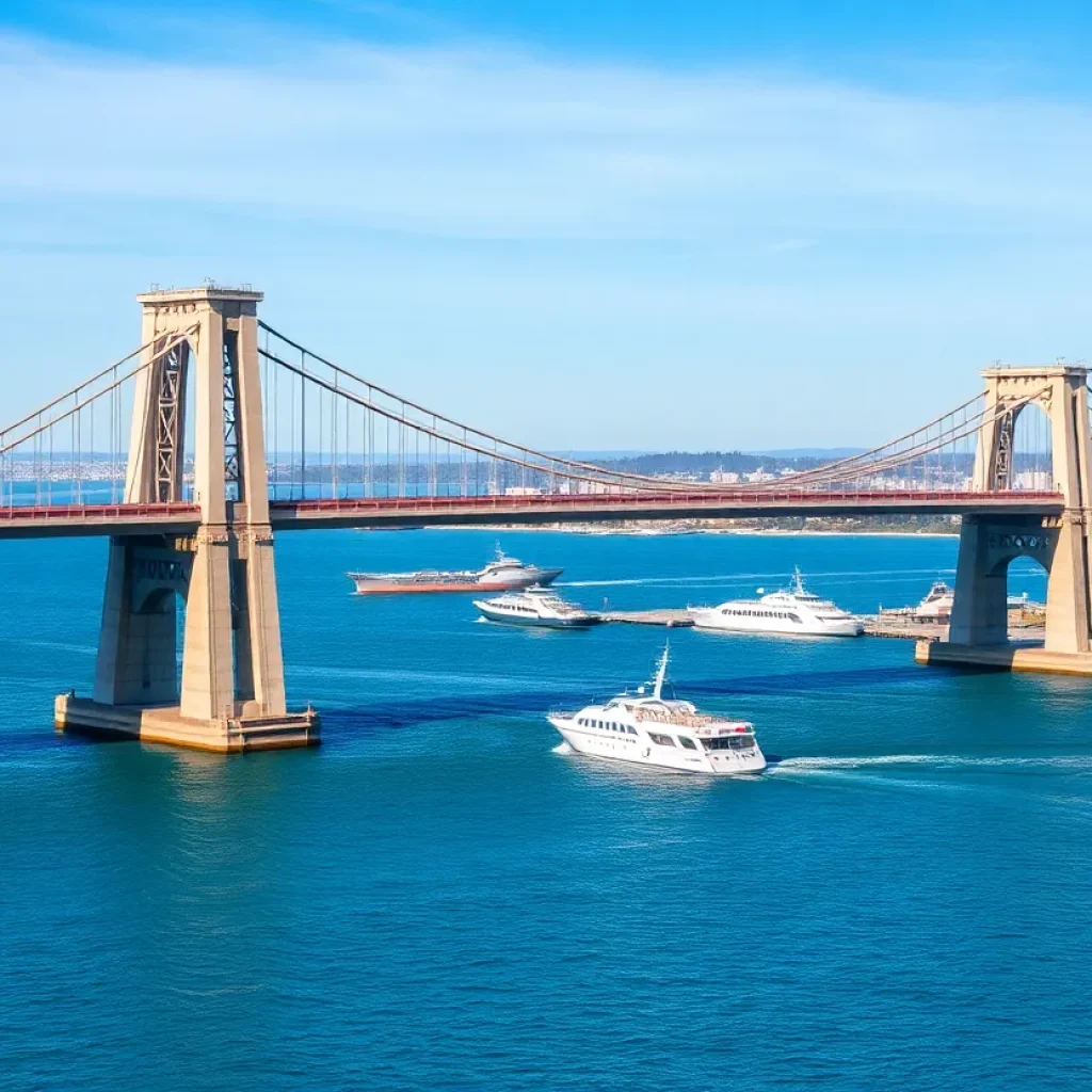 Coronado Bridge spanning San Diego Bay with ships below.