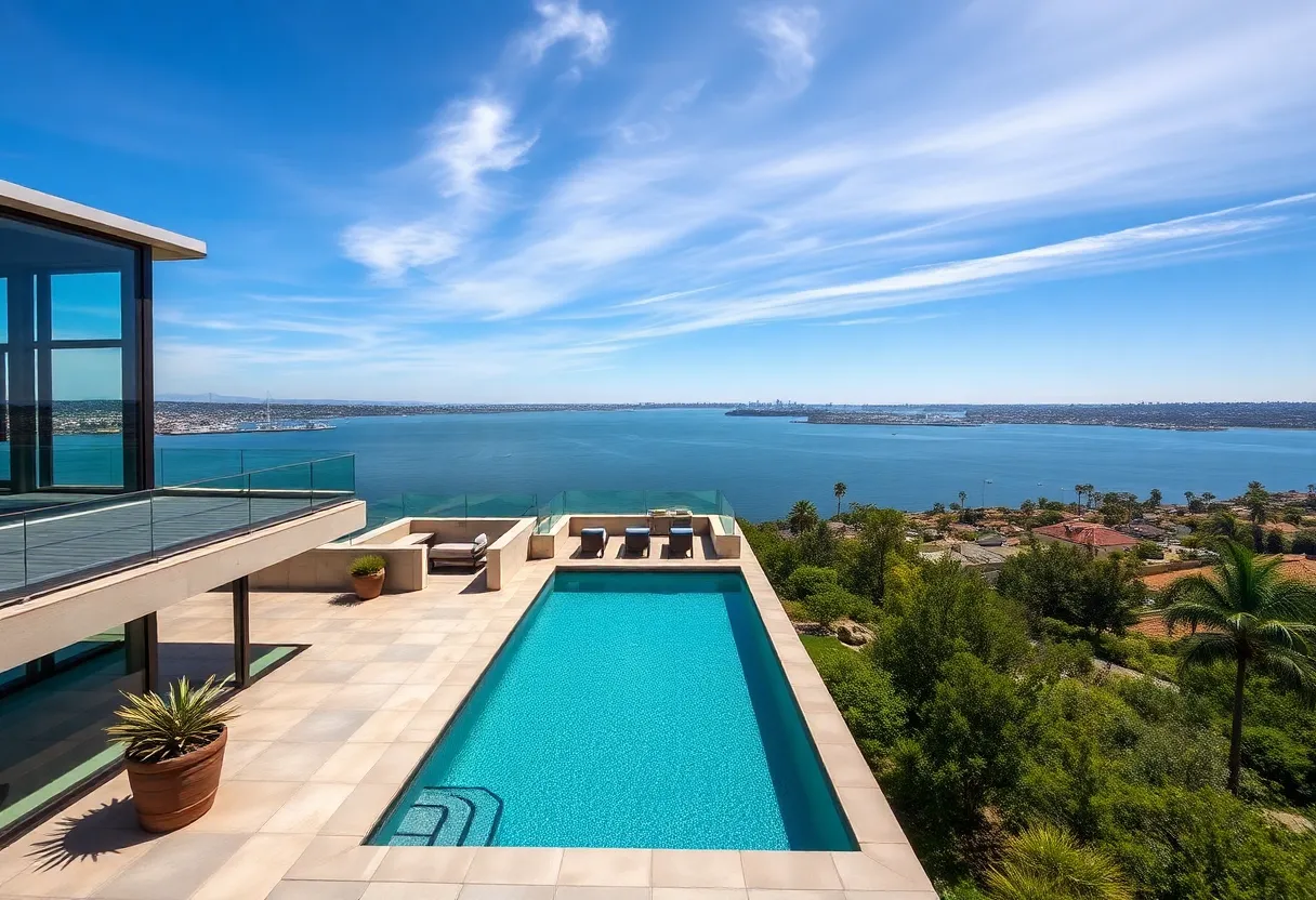Exterior view of a luxurious mansion at Coronado Cays with views of the bay