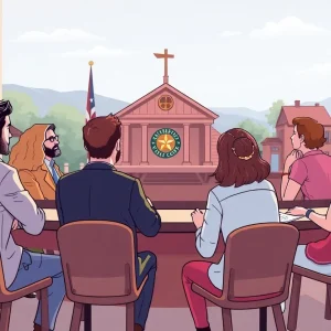 Illustration of a city council meeting with community members.