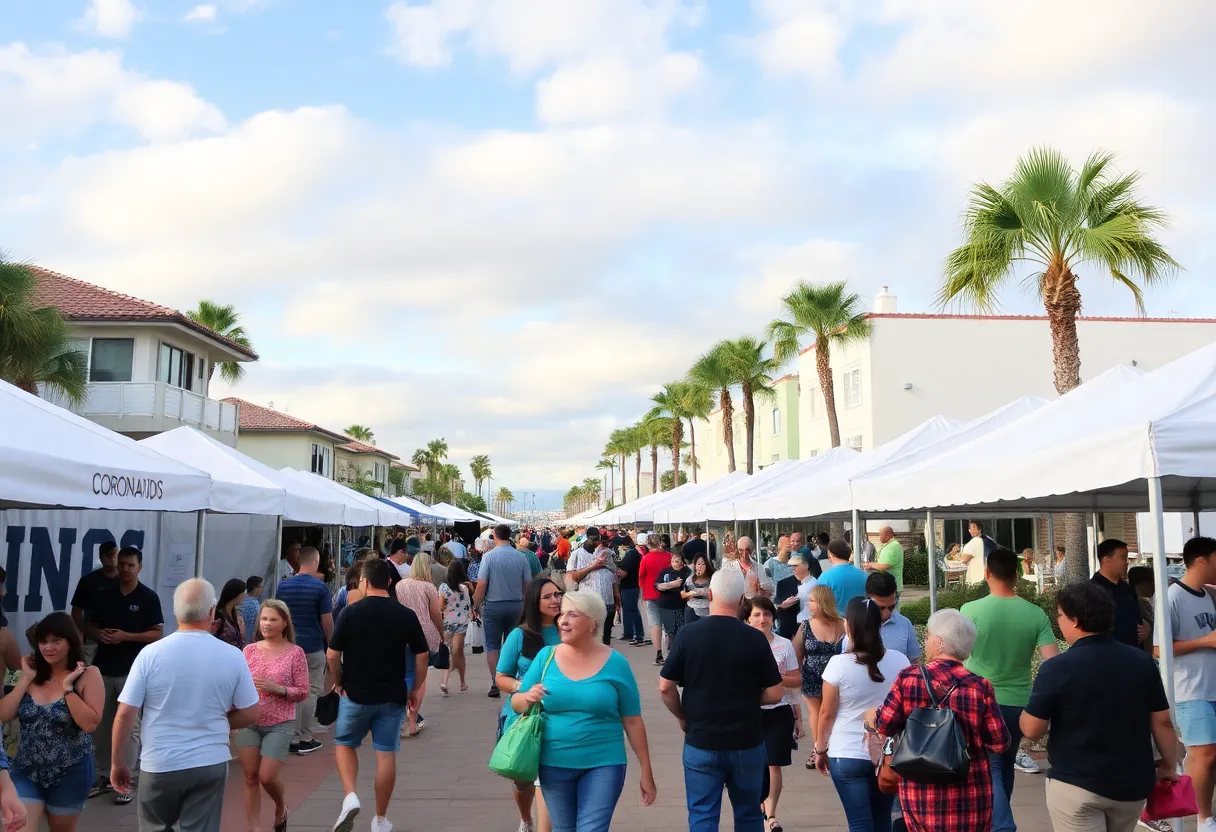 Residents enjoying community events in Coronado under partly cloudy skies