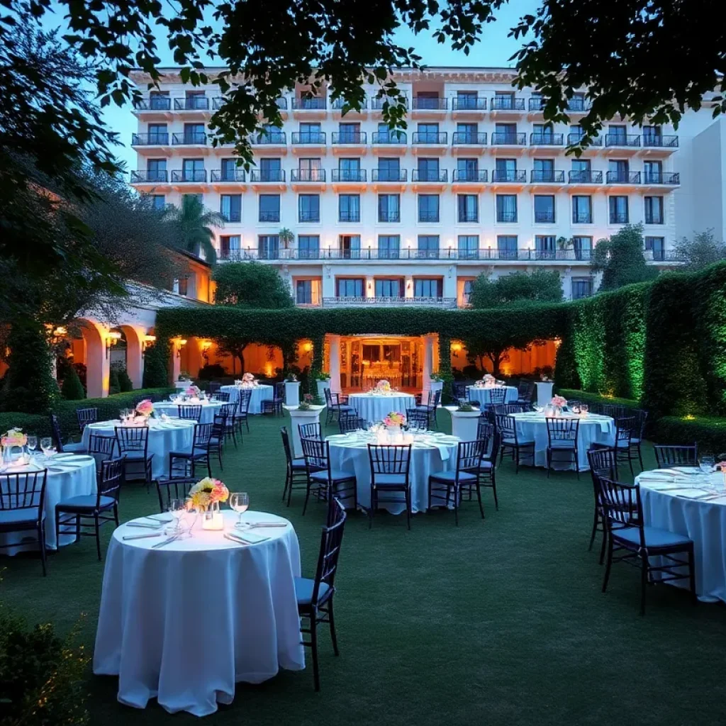 Decorated garden for the Coronado Gala with elegant tables and ambient lighting