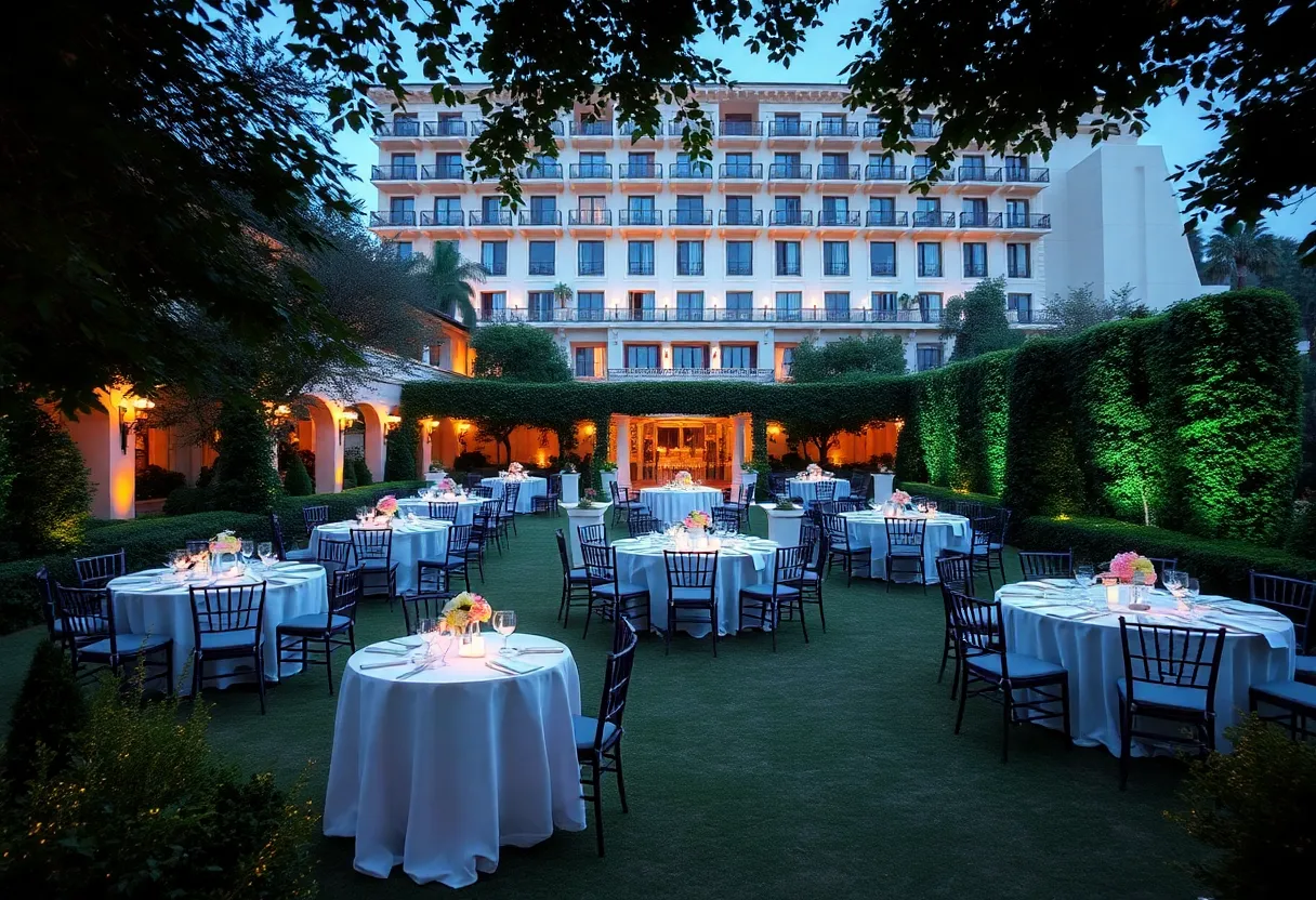 Decorated garden for the Coronado Gala with elegant tables and ambient lighting
