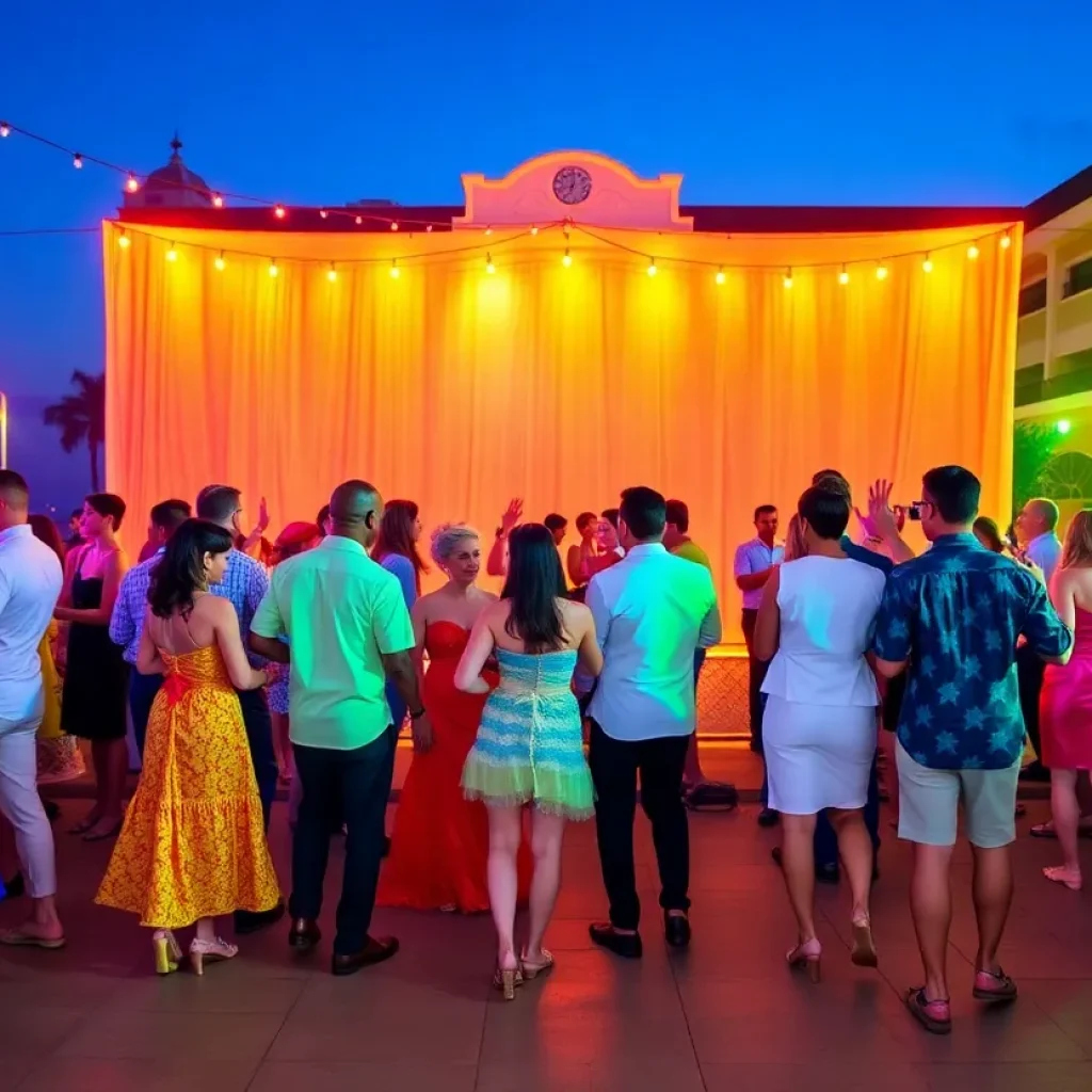 Guests in colorful costumes at the Coronado Island Film Festival beach bash fundraiser