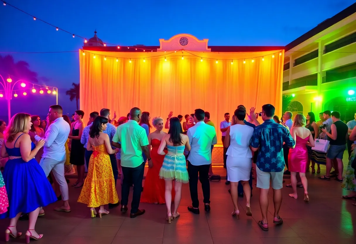 Guests in colorful costumes at the Coronado Island Film Festival beach bash fundraiser