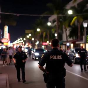 A busy street in Coronado with police presence at night for community safety.