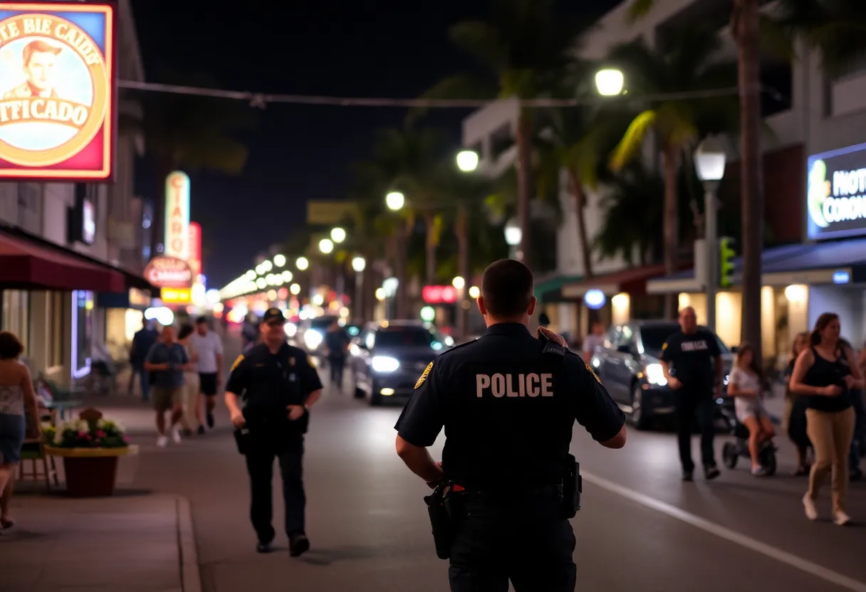 A busy street in Coronado with police presence at night for community safety.