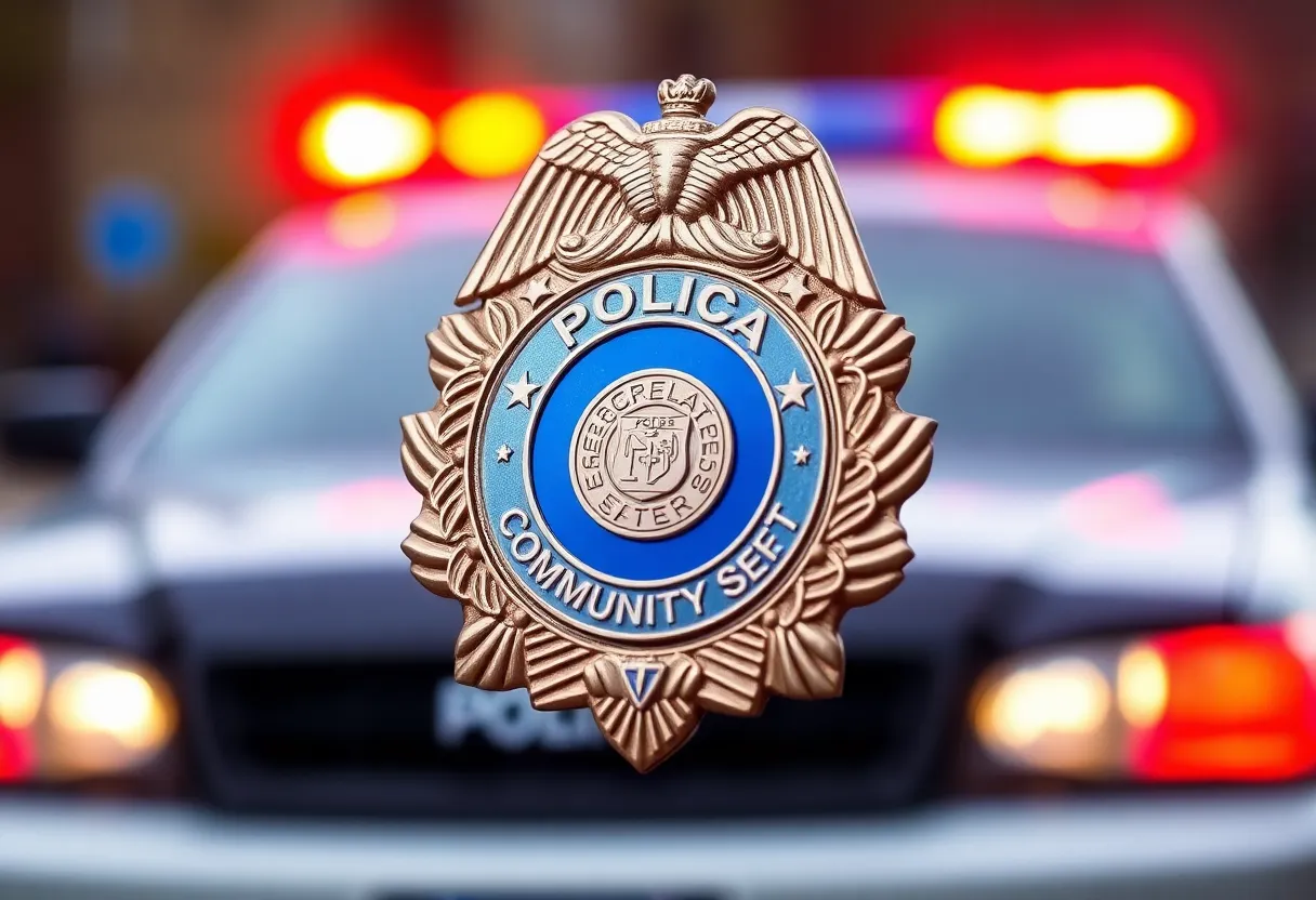 Coronado police badge next to a patrol car with flashing lights