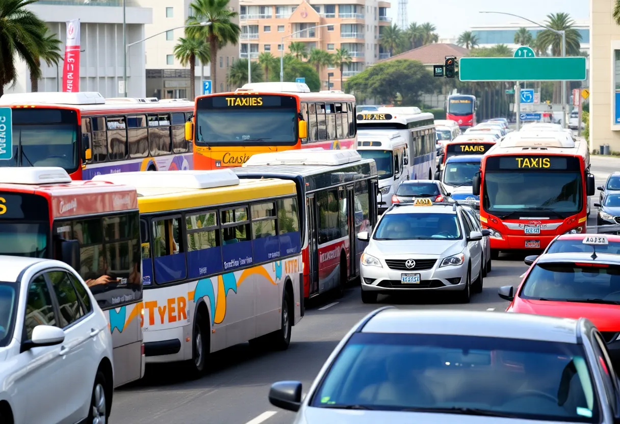 Traffic congestion in Coronado with buses and taxis