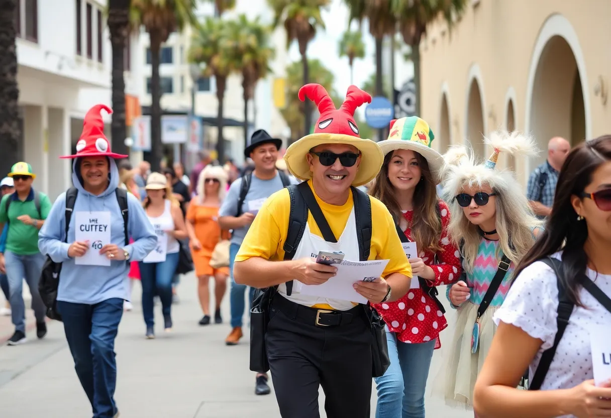 Participants in colorful costumes at the Coronado Race the Rock scavenger hunt
