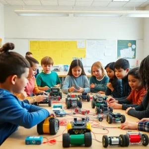 Elementary students working on robotics projects.
