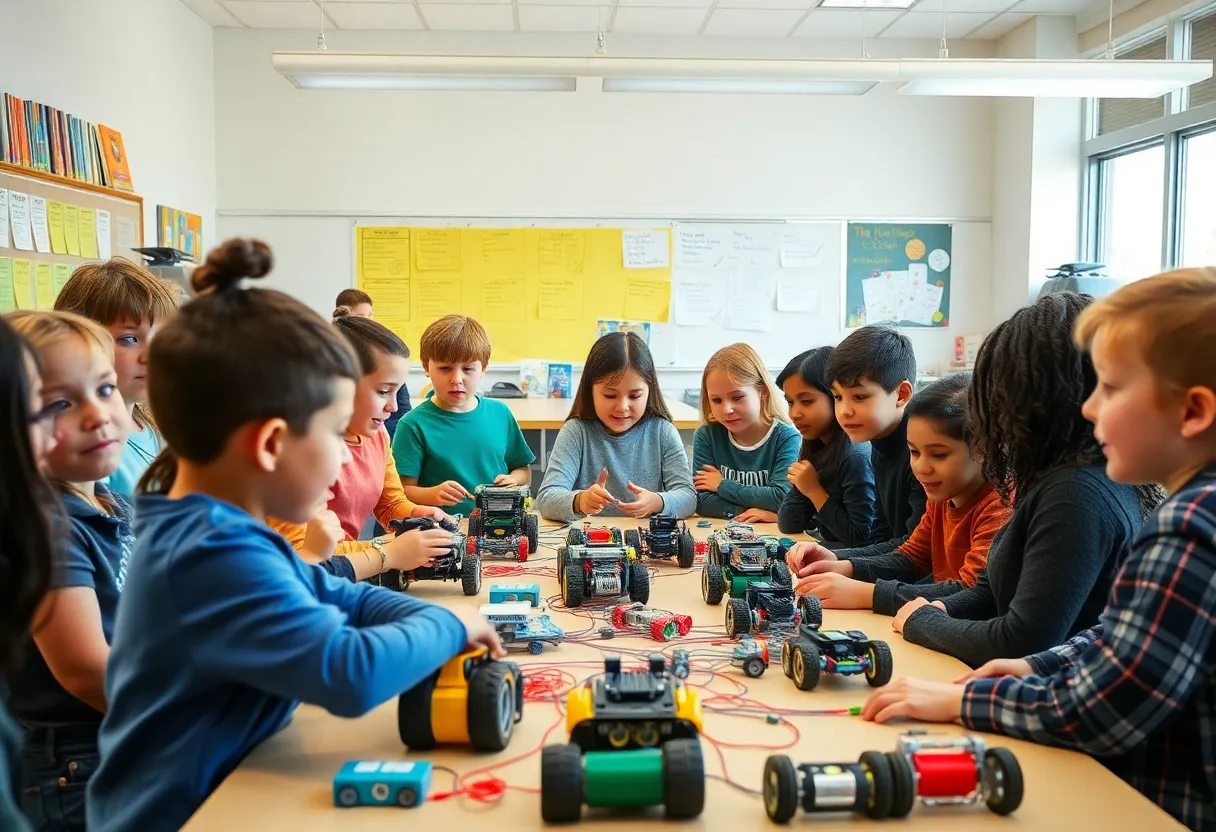 Elementary students working on robotics projects.