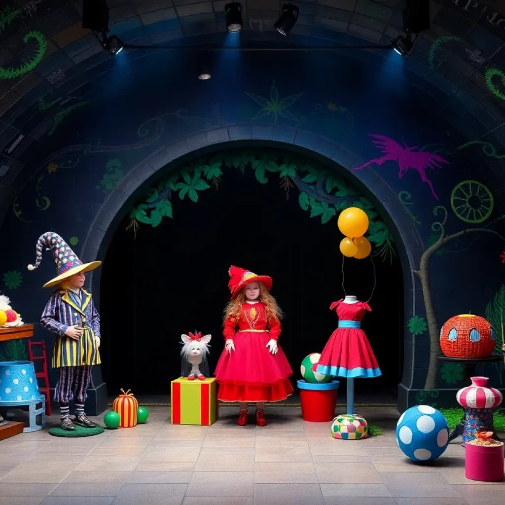 Scene from Alice by Heart, showcasing the contrast between war-torn London and whimsical Wonderland.