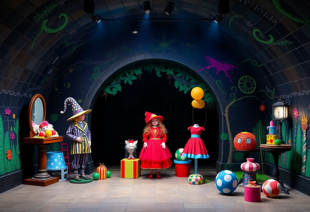 Scene from Alice by Heart, showcasing the contrast between war-torn London and whimsical Wonderland.