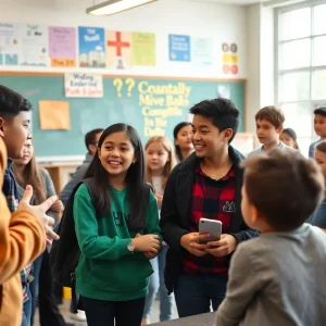 Students discussing school initiatives in a classroom setting