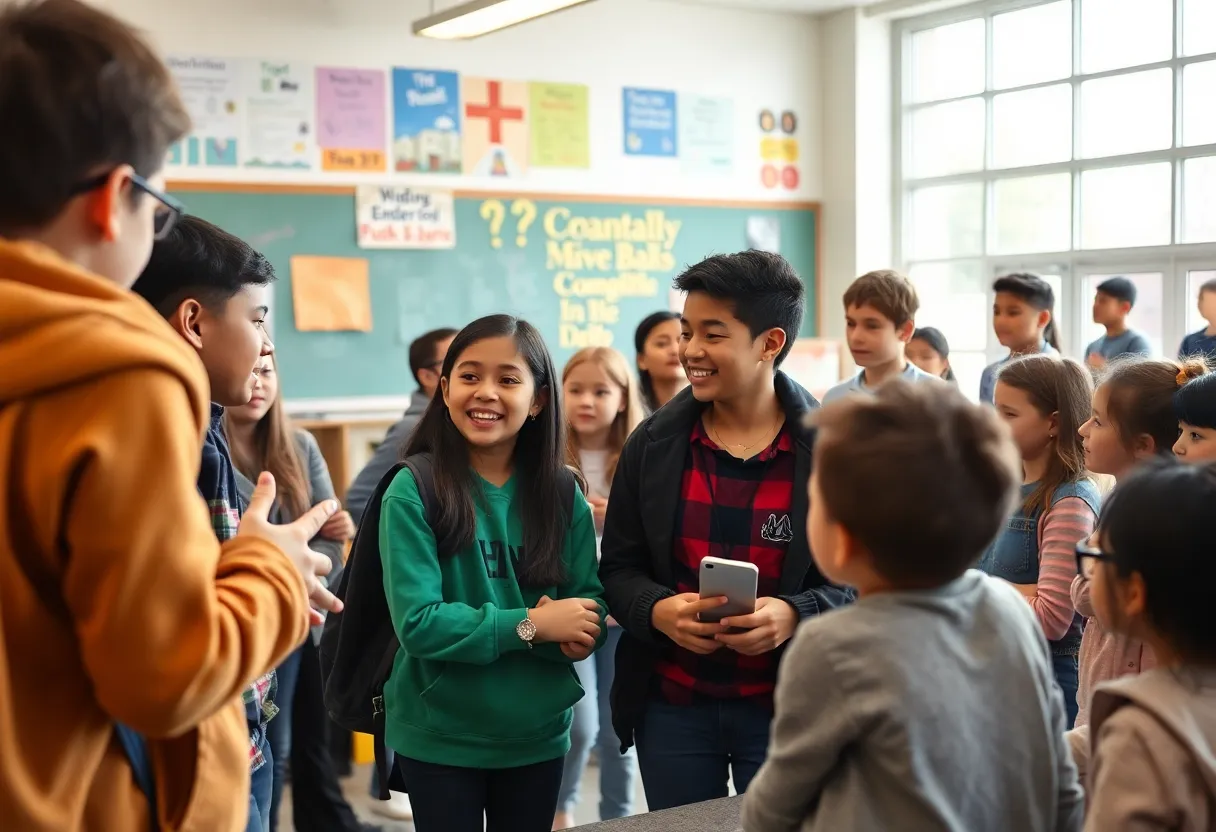 Students discussing school initiatives in a classroom setting