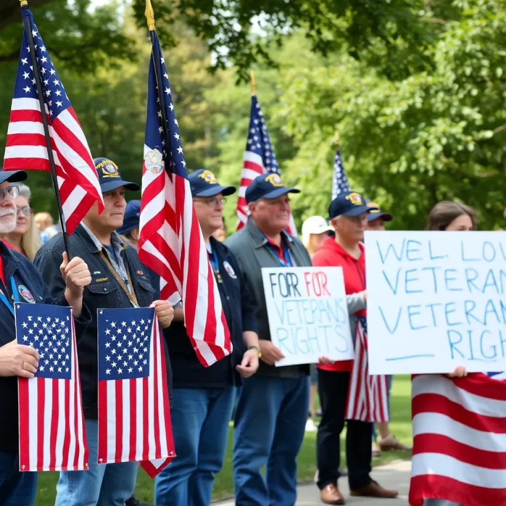 Veterans and families holding signs at a rally in Coronado