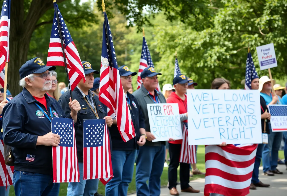 Veterans and families holding signs at a rally in Coronado
