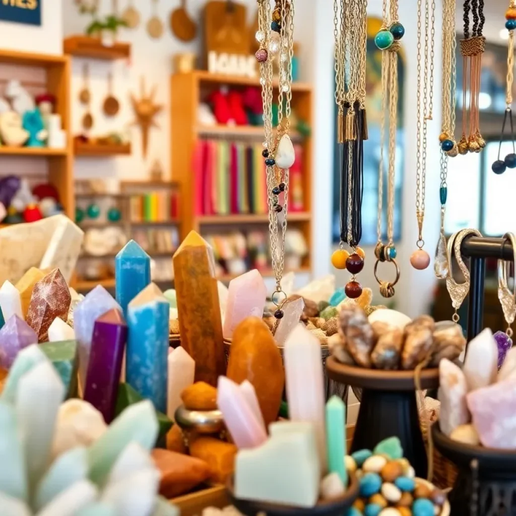 Display of crystals and jewelry at Crystal & Minerals store