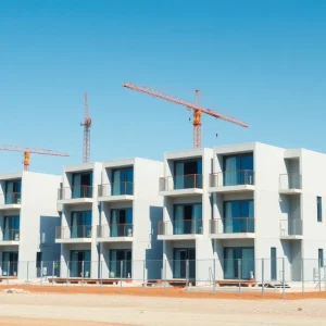 Construction of a factory-built apartment complex in San Diego