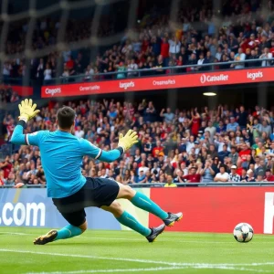 A goalkeeper in action saving a goal during a soccer game