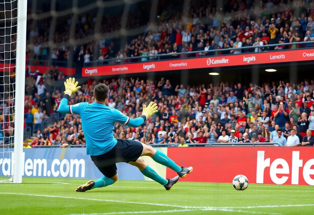 A goalkeeper in action saving a goal during a soccer game