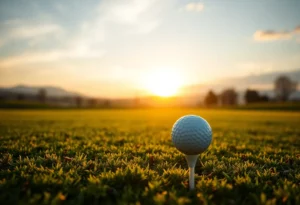 A beautiful golf course at sunrise with a golf ball on a tee.