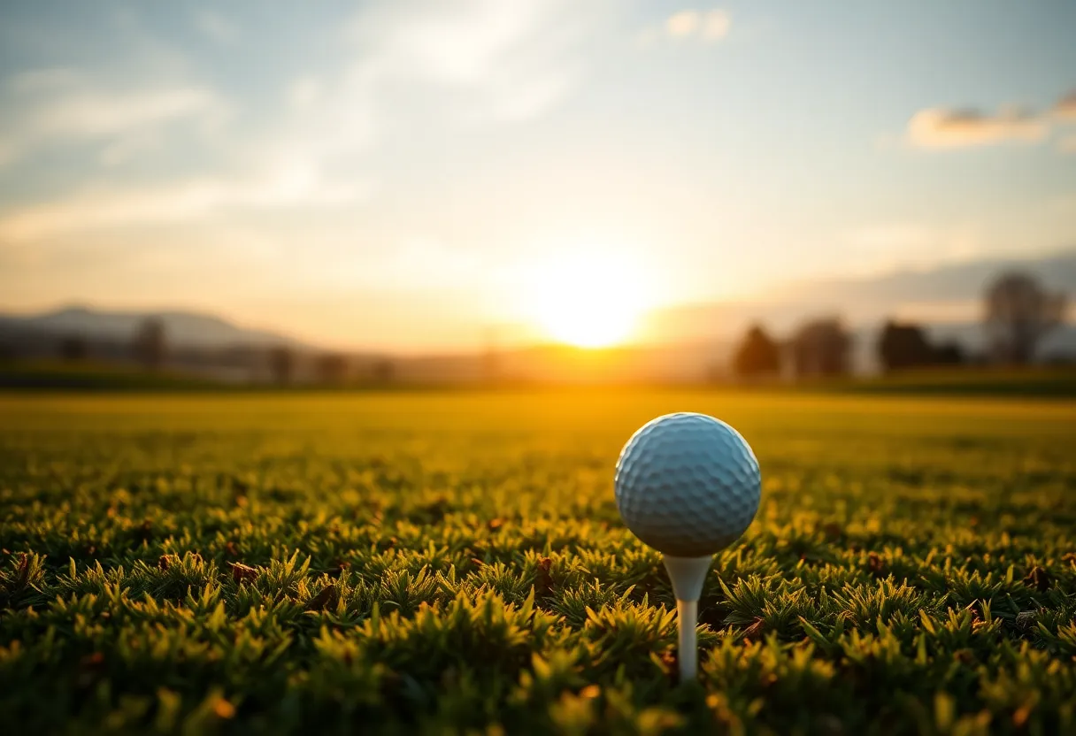 A beautiful golf course at sunrise with a golf ball on a tee.