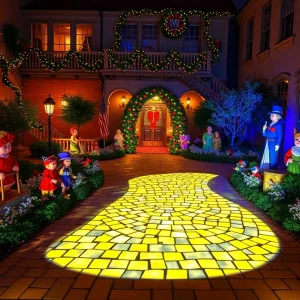 Projected yellow brick road leading guests through a festive Victorian courtyard at Hotel del Coronado.