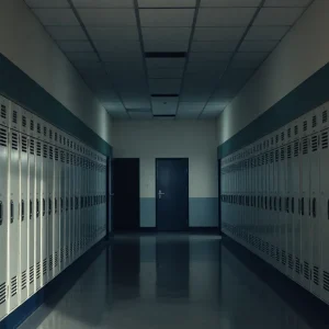 A dimly lit school hallway representing the effects of bullying.
