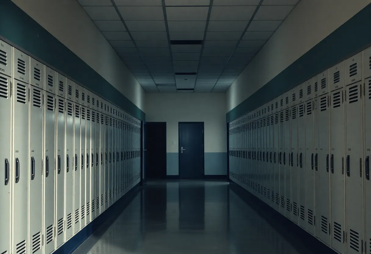 A dimly lit school hallway representing the effects of bullying.